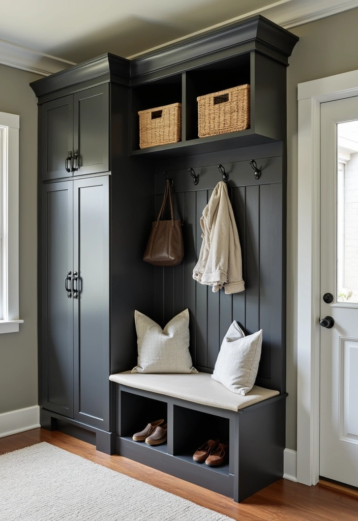 20 Dynamic Sherwin Williams Agreeable Gray Color Ideas with Darker Shades for Contrast! - 19. Functional Mudroom