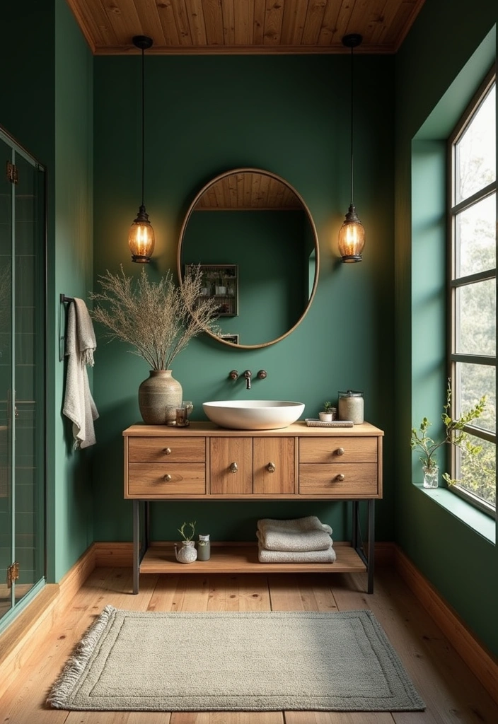 20 Inviting Forest Green Bathroom Ideas for a Cozy and Stylish High-Wall Retreat! - 11. Green and Natural Wood Combo
