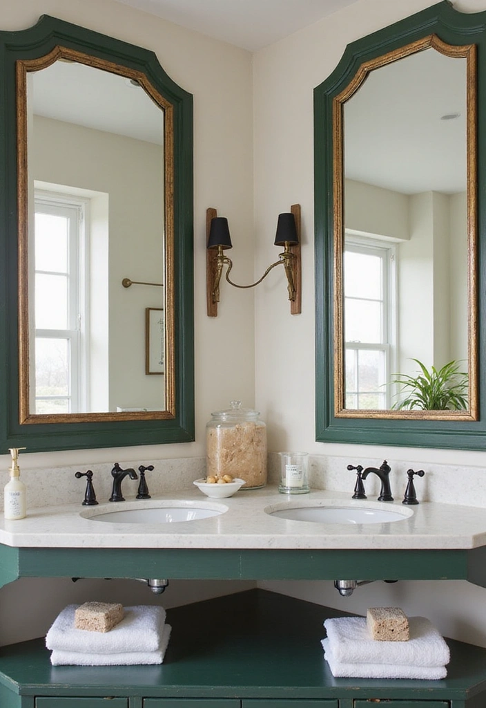 20 Inviting Forest Green Bathroom Ideas for a Cozy and Stylish High-Wall Retreat! - 16. Forest Green Decorative Mirrors