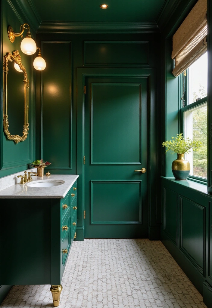 20 Inviting Forest Green Bathroom Ideas for a Cozy and Stylish High-Wall Retreat! - 17. Forest Green and Gold Accents
