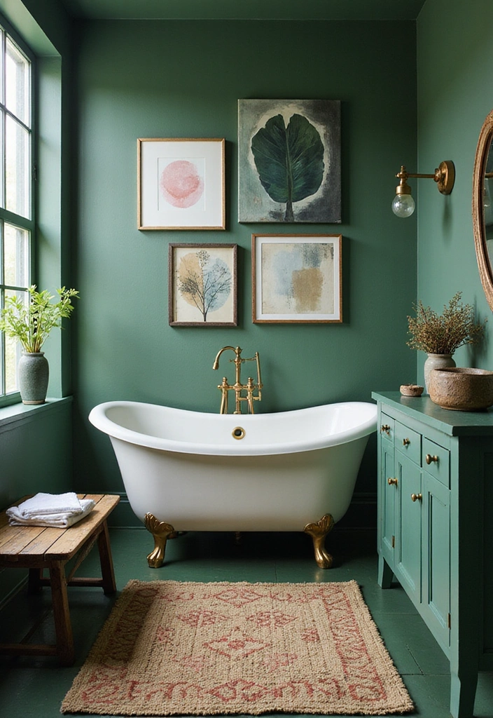 20 Inviting Forest Green Bathroom Ideas for a Cozy and Stylish High-Wall Retreat! - 19. Forest Green Statement Art