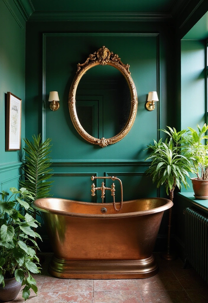 21 Serene Dark Green Bathrooms with Copper Tubs & Wainscoting Charm - 1. Enchanting Emerald Elegance