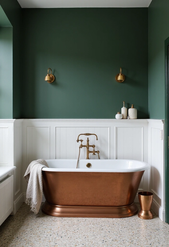 21 Serene Dark Green Bathrooms with Copper Tubs & Wainscoting Charm - 11. Sophisticated Monochrome