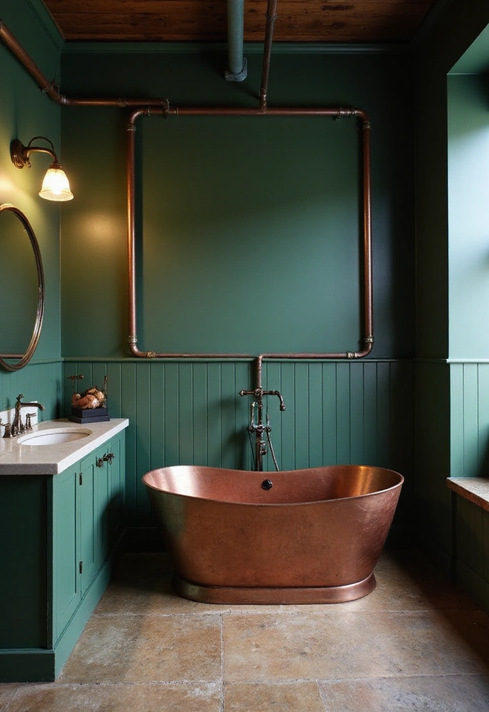 21 Serene Dark Green Bathrooms with Copper Tubs & Wainscoting Charm - 13. Industrial Edge