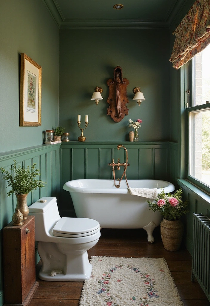 21 Serene Dark Green Bathrooms with Copper Tubs & Wainscoting Charm - 15. Elegant French Country