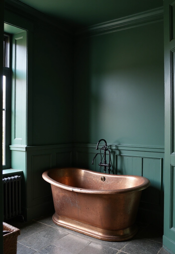 21 Serene Dark Green Bathrooms with Copper Tubs & Wainscoting Charm - 16. Bold Contrast
