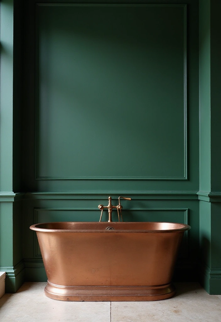 21 Serene Dark Green Bathrooms with Copper Tubs & Wainscoting Charm - 20. Elegant Simplicity
