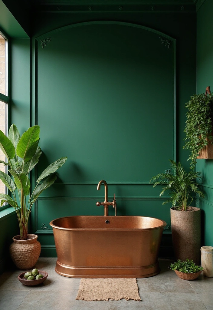 21 Serene Dark Green Bathrooms with Copper Tubs & Wainscoting Charm - 21. Dreamy Oasis