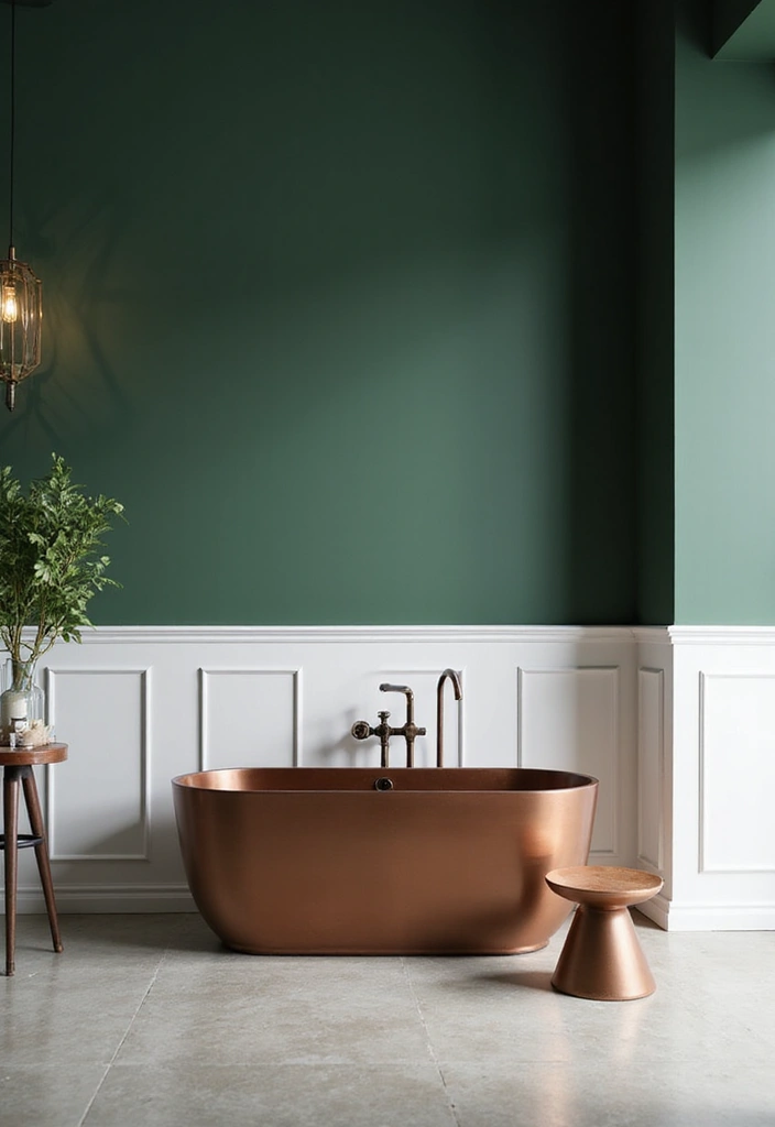 21 Serene Dark Green Bathrooms with Copper Tubs & Wainscoting Charm - 3. Modern Chic