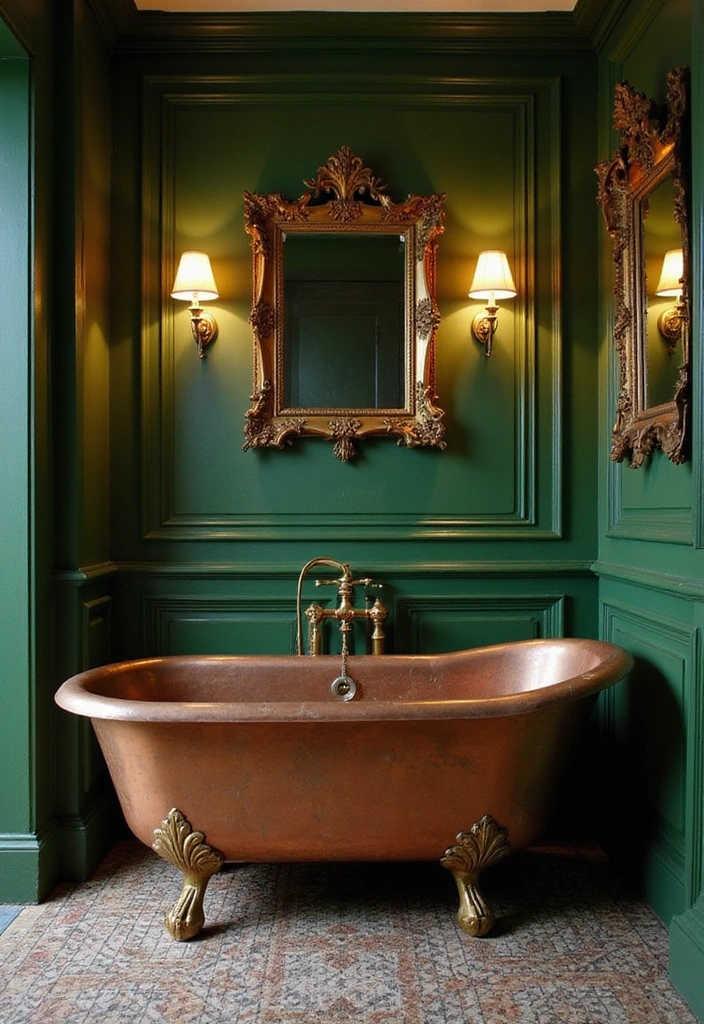 21 Serene Dark Green Bathrooms with Copper Tubs & Wainscoting Charm - 5. Vintage Vibes