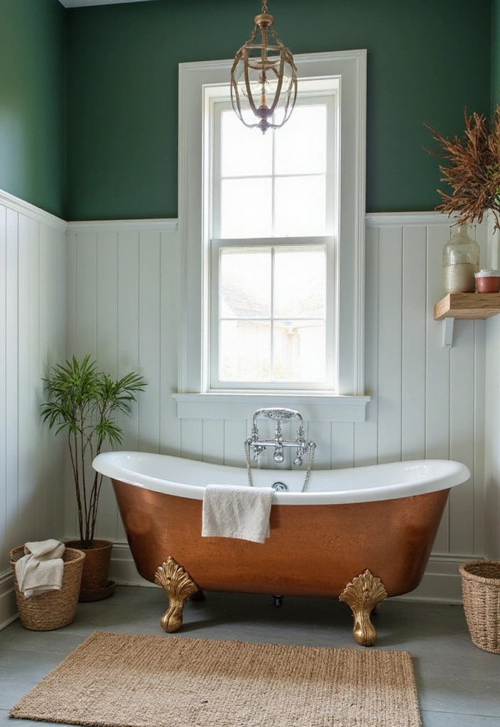 21 Serene Dark Green Bathrooms with Copper Tubs & Wainscoting Charm - 6. Coastal Calm