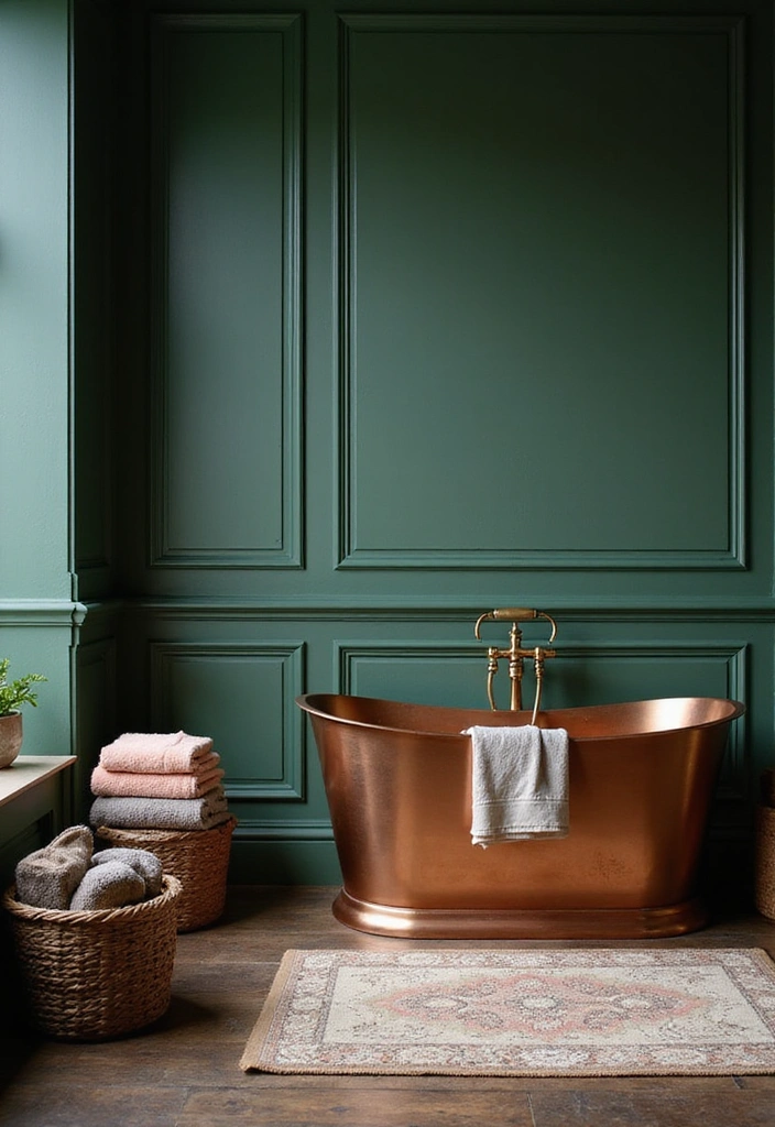 21 Serene Dark Green Bathrooms with Copper Tubs & Wainscoting Charm - 7. Luxurious Layering