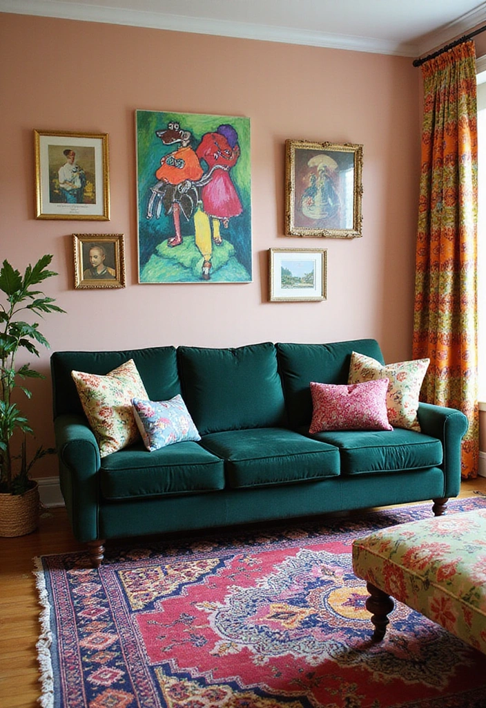 25 Dark Green Sofa Ideas with White Dove Walls (This Timeless Combo Wins!) - 10. Colorful Accents