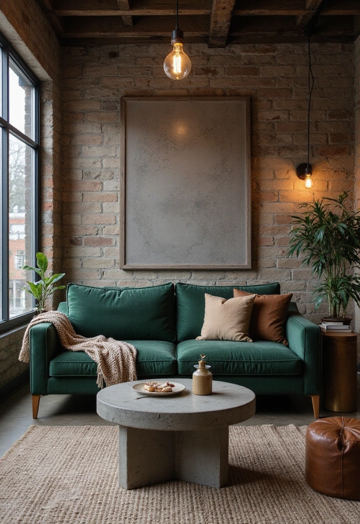 25 Dark Green Sofa Ideas with White Dove Walls (This Timeless Combo Wins!) - 11. Industrial Edge