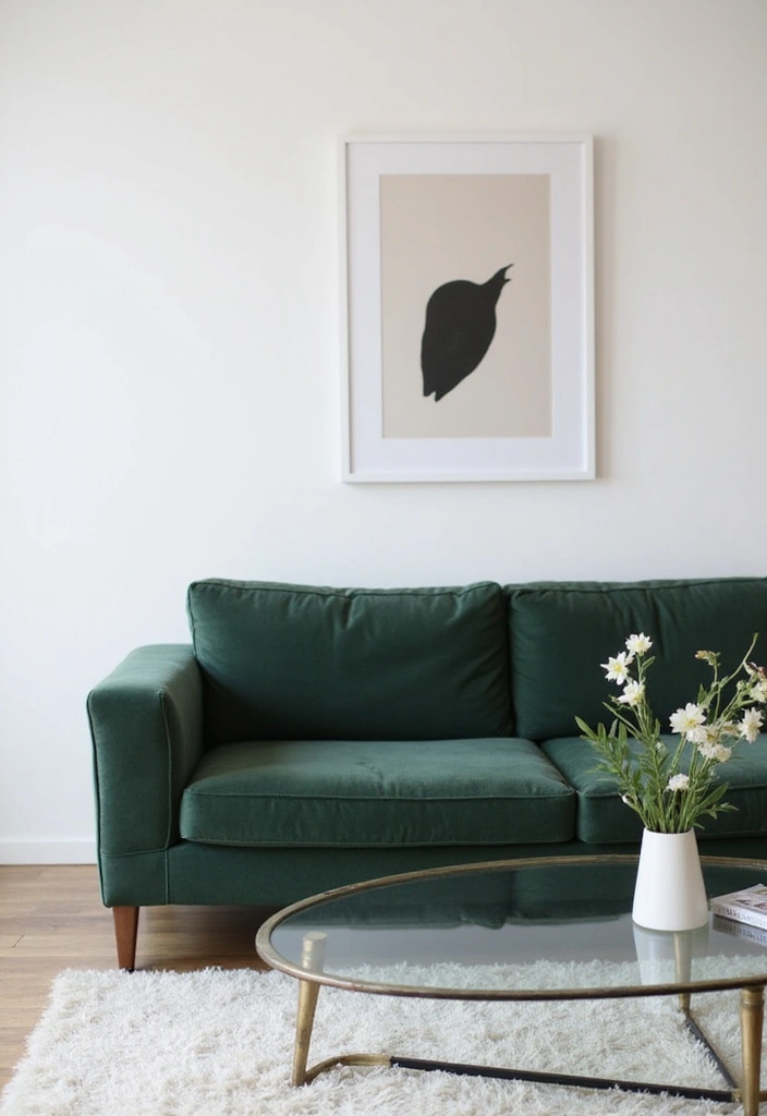 25 Dark Green Sofa Ideas with White Dove Walls (This Timeless Combo Wins!) - 2. Minimalist Marvel