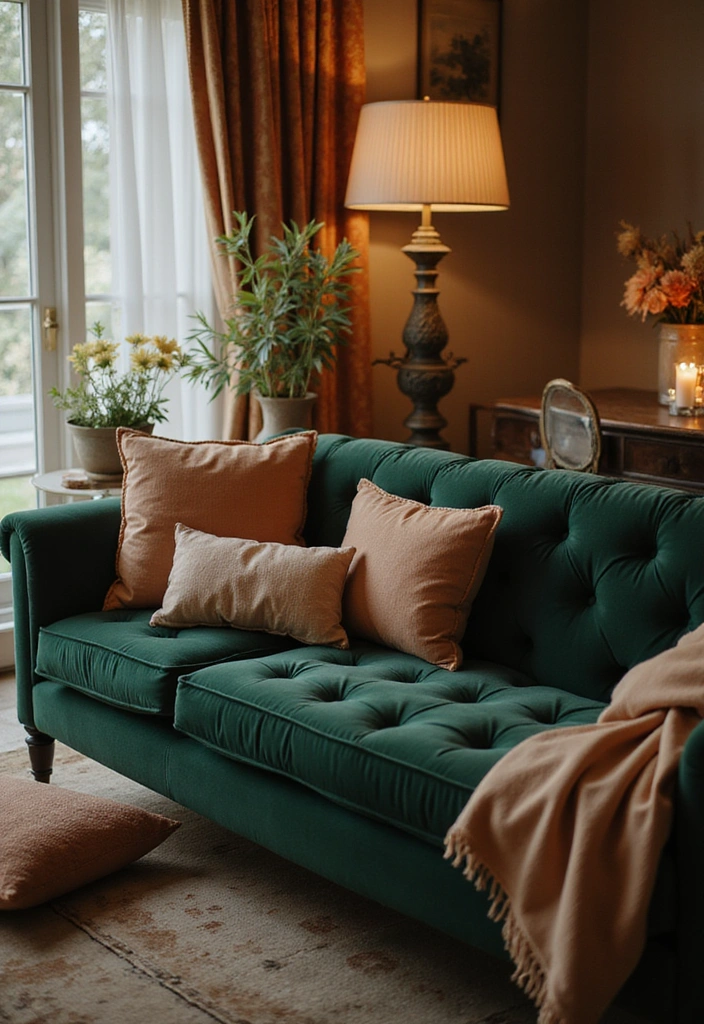 25 Dark Green Sofa Ideas with White Dove Walls (This Timeless Combo Wins!) - 20. Romantic Retreat