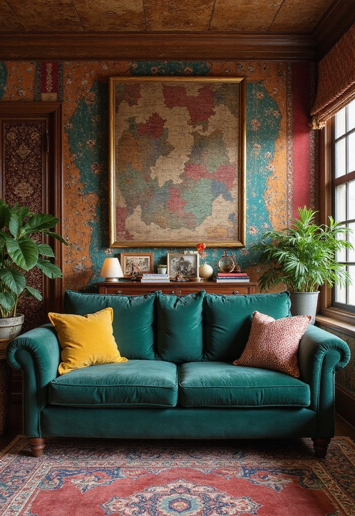 25 Dark Green Sofa Ideas with White Dove Walls (This Timeless Combo Wins!) - 21. Global Inspiration