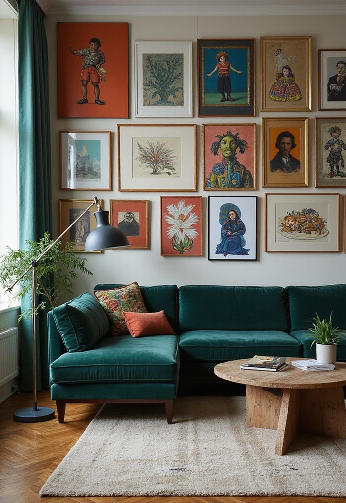 25 Dark Green Sofa Ideas with White Dove Walls (This Timeless Combo Wins!) - 25. Artistic Expression