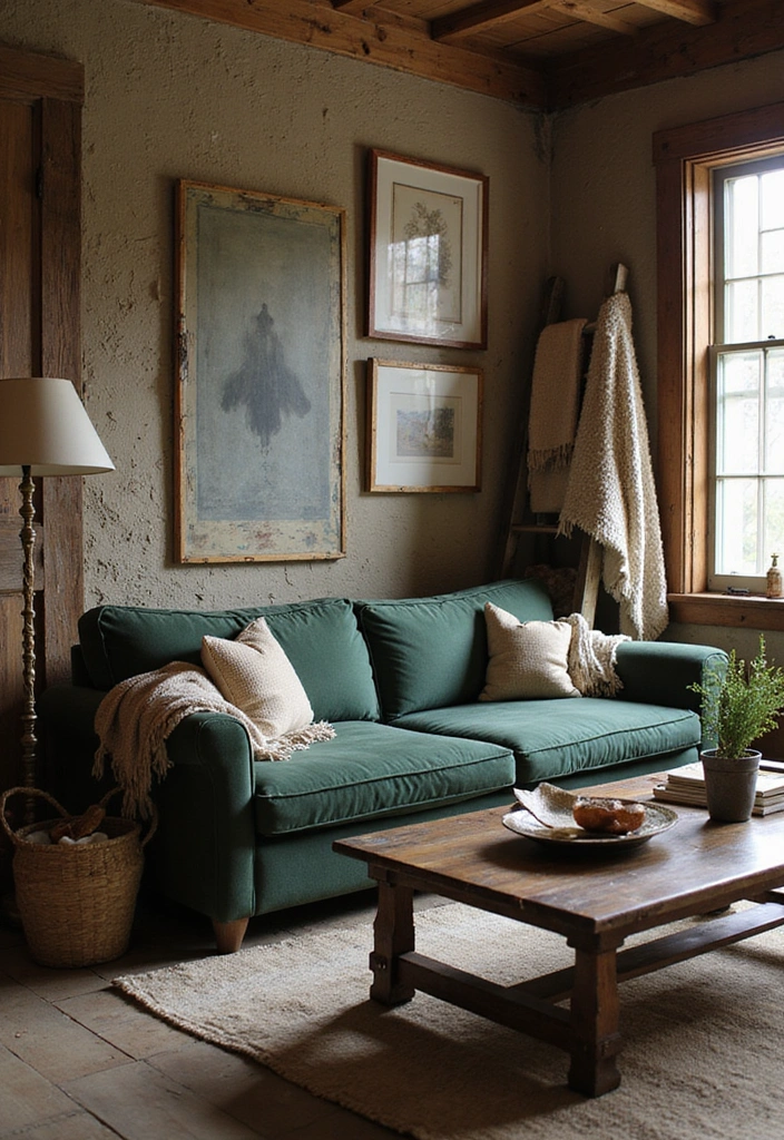 25 Dark Green Sofa Ideas with White Dove Walls (This Timeless Combo Wins!) - 3. Rustic Retreat