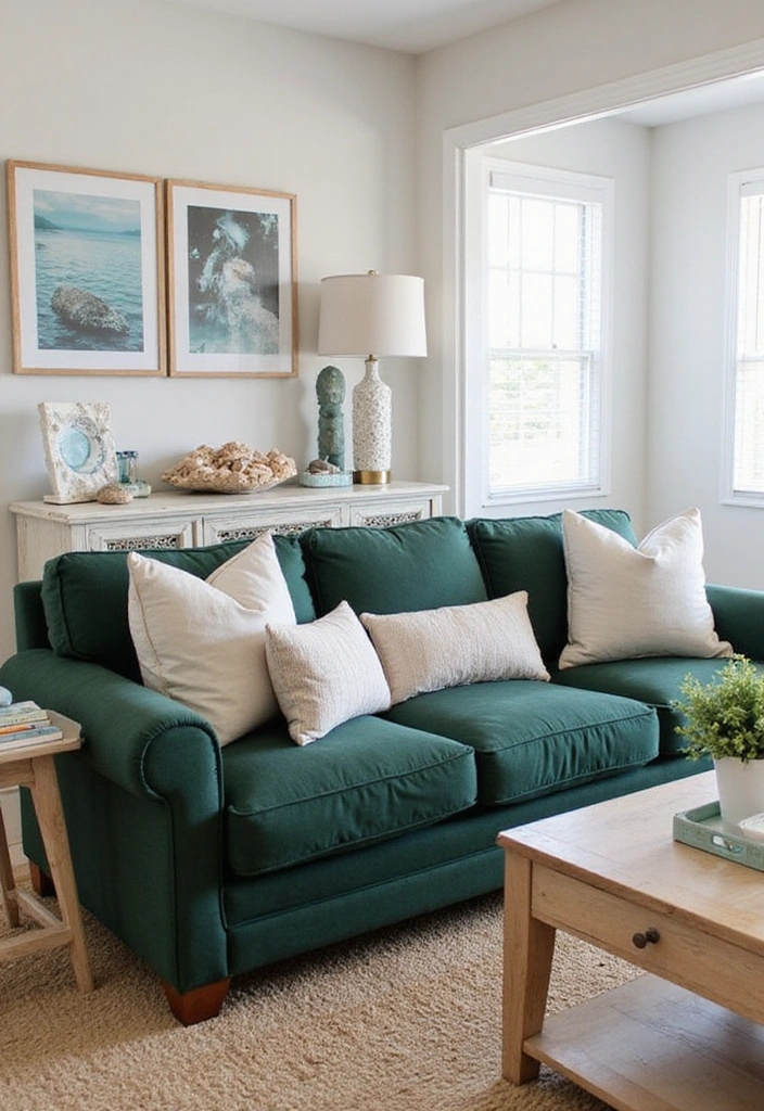 25 Dark Green Sofa Ideas with White Dove Walls (This Timeless Combo Wins!) - 5. Coastal Cool