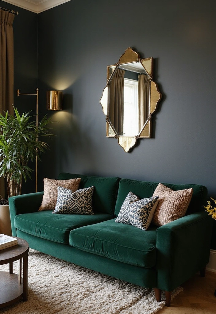25 Dark Green Sofa Ideas with White Dove Walls (This Timeless Combo Wins!) - 6. Art Deco Delight