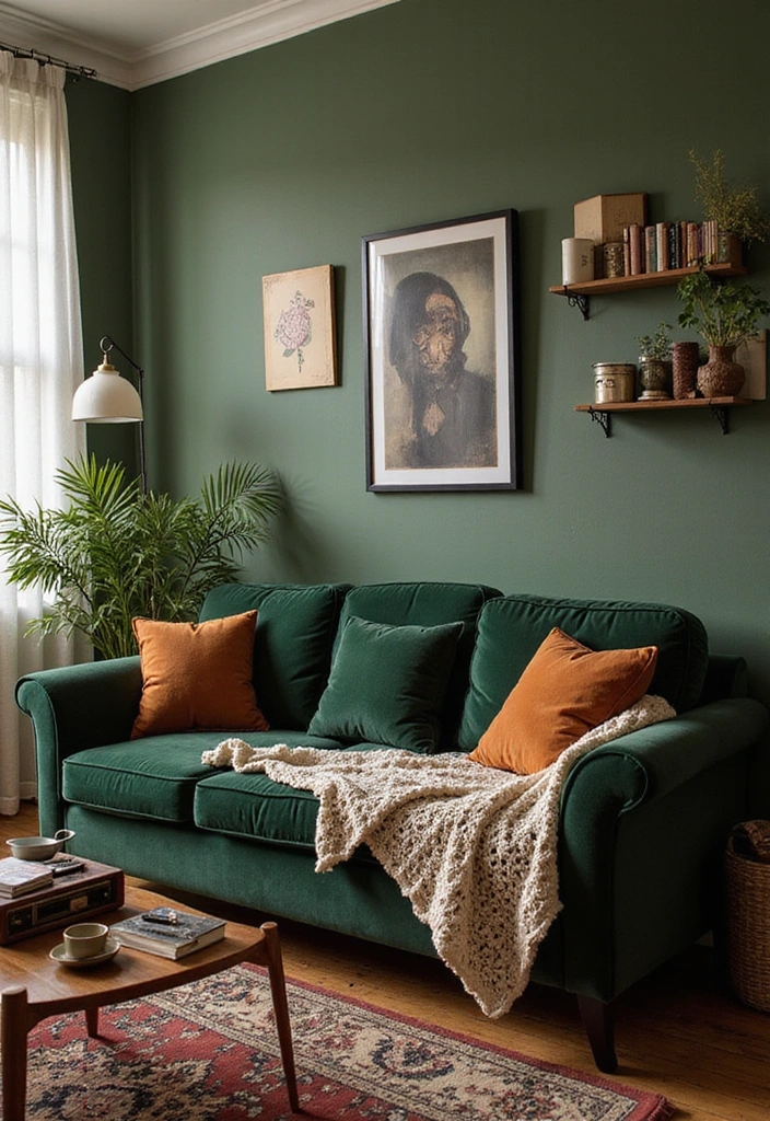 25 Dark Green Sofa Ideas with White Dove Walls (This Timeless Combo Wins!) - 7. Vintage Vibes