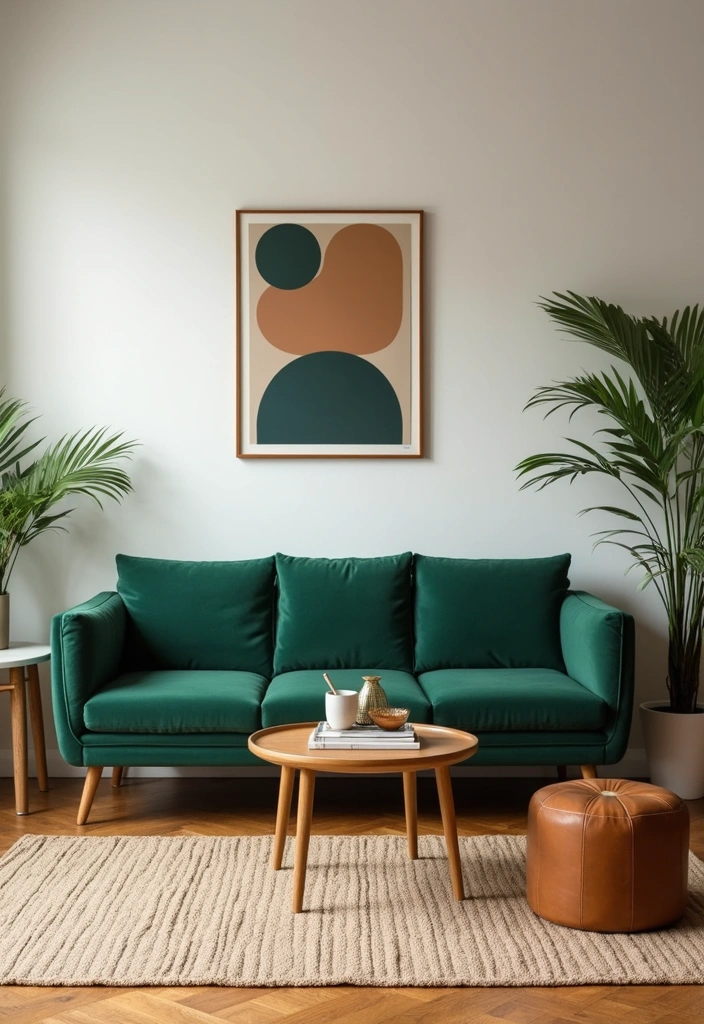 25 Dark Green Sofa Ideas with White Dove Walls (This Timeless Combo Wins!) - 8. Mid-Century Modern Marvel