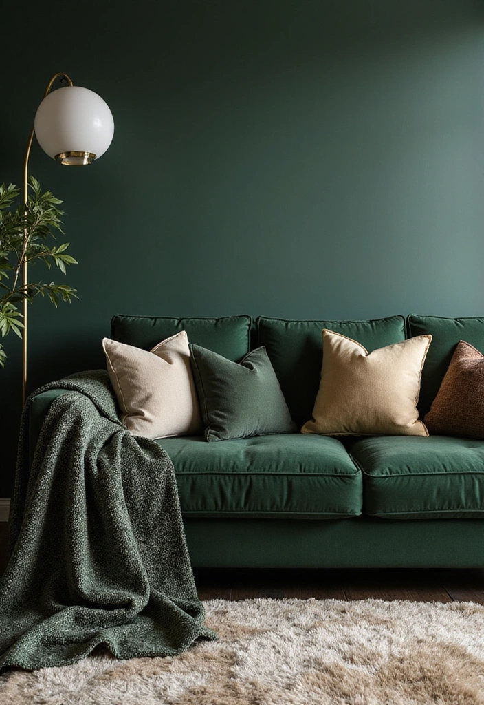 25 Dark Green Sofa Ideas with White Dove Walls (This Timeless Combo Wins!) - 9. Luxurious Layering