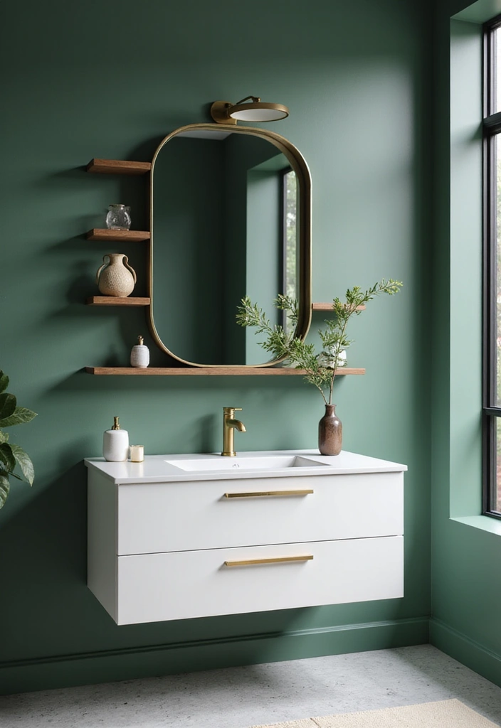 Green Smoke & Gold Bathrooms: 21 Elegant White Tile + Brass Accent Combos - 4. Floating Vanities with Brass Hardware