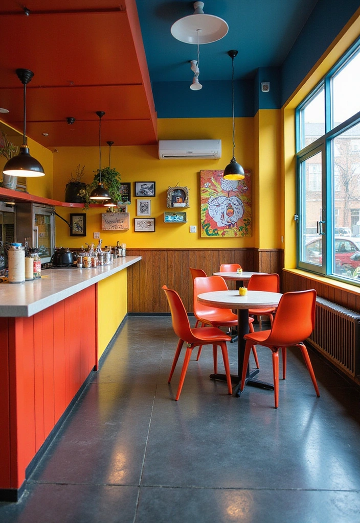 19 Stunning Color Palettes to Elevate Charcoal Gray Flooring in Dining Rooms - 10. Playful Primary Colors: Red, Yellow, and Blue