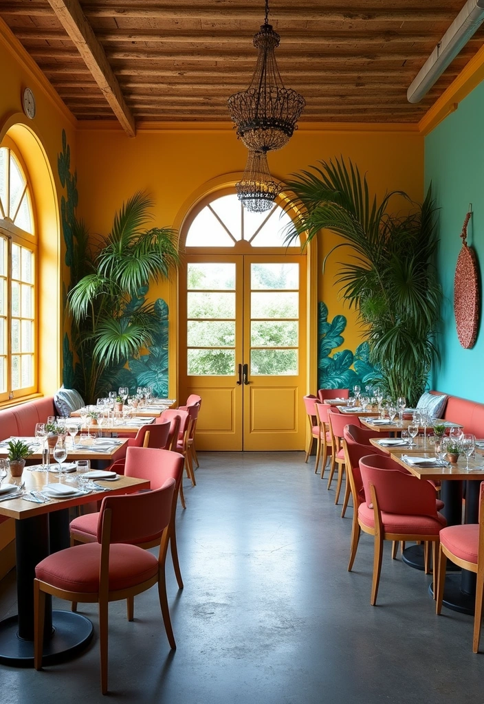 19 Stunning Color Palettes to Elevate Charcoal Gray Flooring in Dining Rooms - 13. Tropical Paradise: Coral, Teal, and Yellow