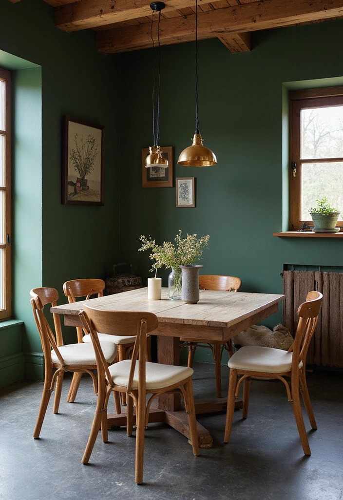 19 Stunning Color Palettes to Elevate Charcoal Gray Flooring in Dining Rooms - 17. Rustic Charm: Deep Green, Warm Brown, and Cream
