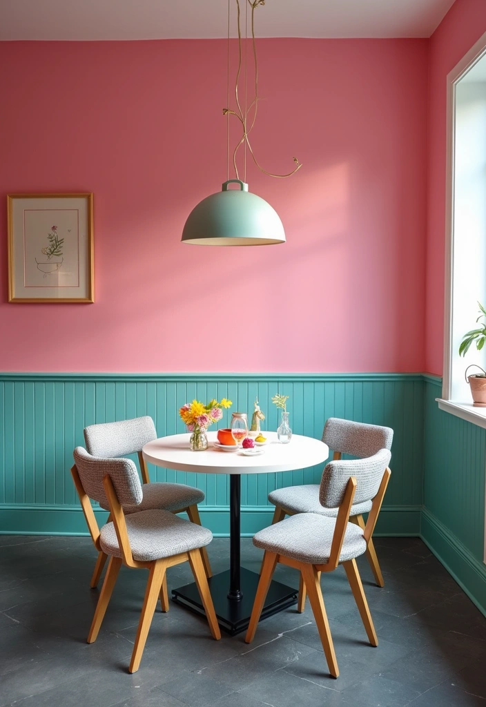 19 Stunning Color Palettes to Elevate Charcoal Gray Flooring in Dining Rooms - 18. Whimsical Wonderland: Bright Pink, Aqua, and Soft Gray