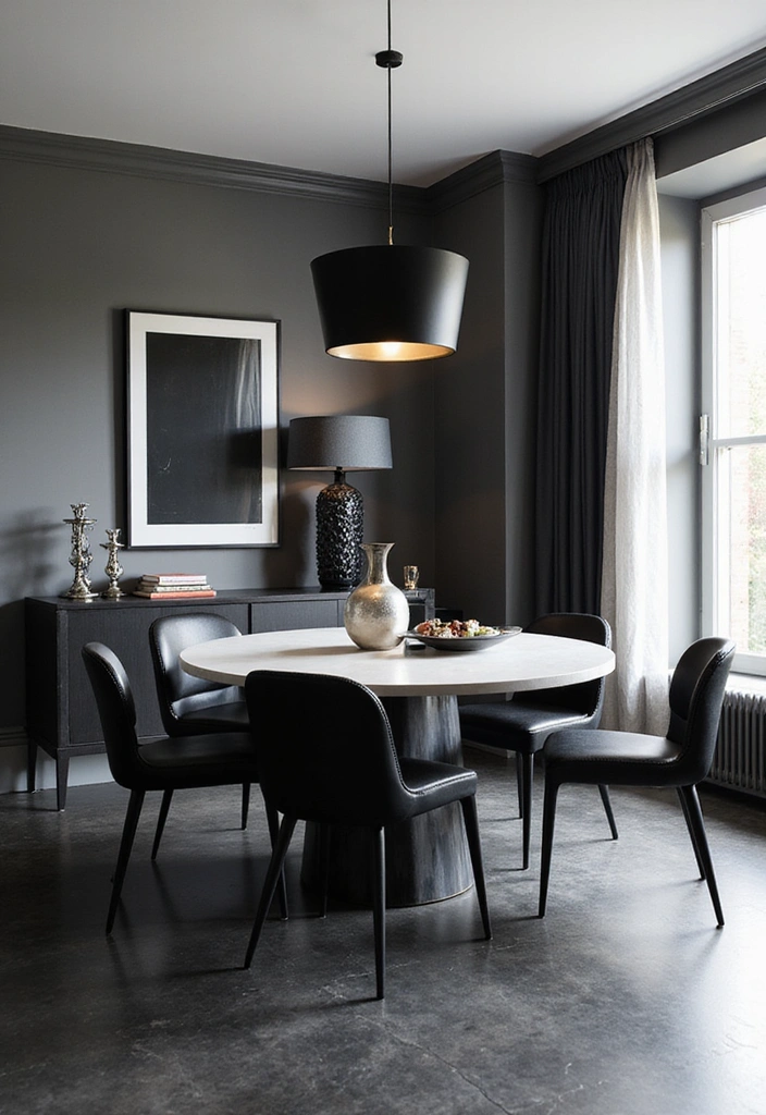 19 Stunning Color Palettes to Elevate Charcoal Gray Flooring in Dining Rooms - 19. Elegant Monochrome: Black, White, and Silver