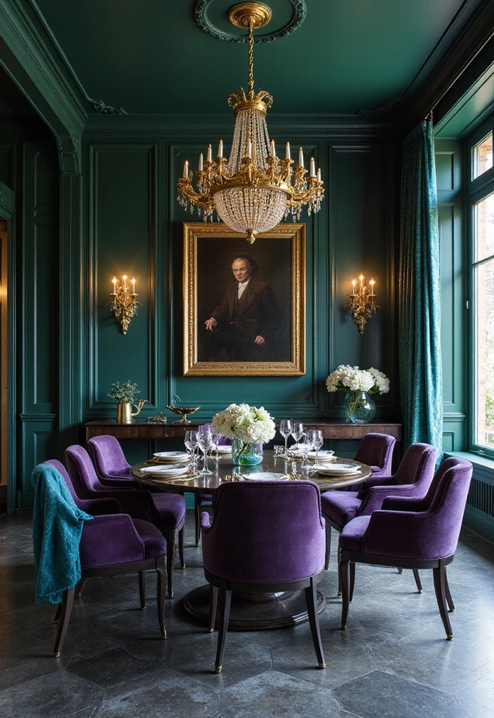 19 Stunning Color Palettes to Elevate Charcoal Gray Flooring in Dining Rooms - 5. Bold Jewel Tones: Emerald, Sapphire, and Amethyst