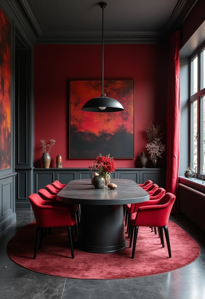 19 Stunning Color Palettes to Elevate Charcoal Gray Flooring in Dining Rooms - 8. Rich Red Accents: Burgundy, Crimson, and Cherry
