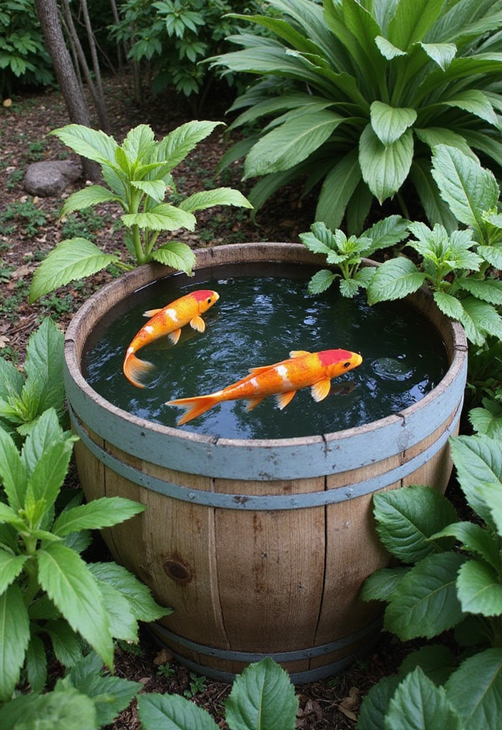 19 Stunning Container Pond Ideas with Fish for Small & Stylish Gardens - 1. Rustic Barrel Pond