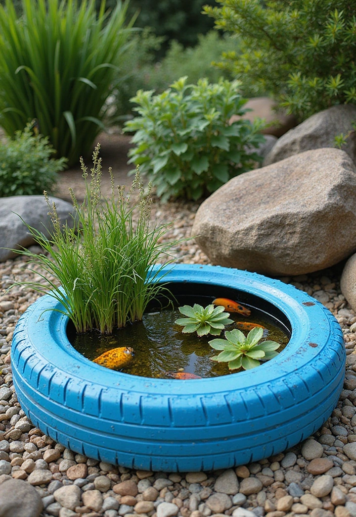 19 Stunning Container Pond Ideas with Fish for Small & Stylish Gardens - 10. Repurposed Tire Pond