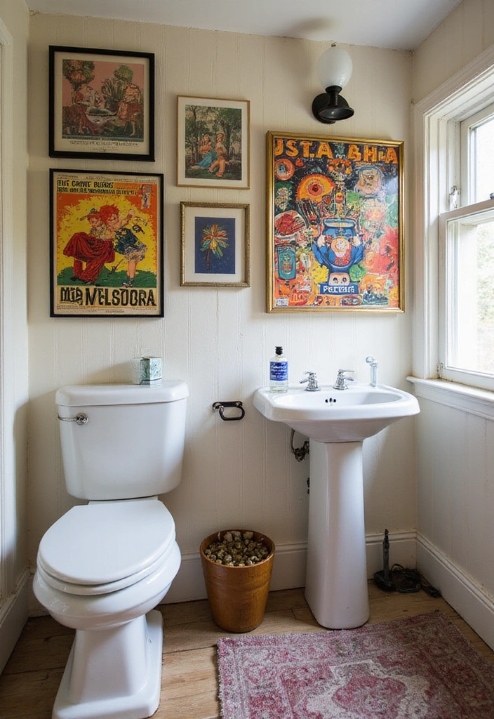 25 Retro Bathroom Design Ideas Featuring Groovy Tiles and Funky Fixtures for a Bold 70s Revival - 14. Eclectic Art Pieces