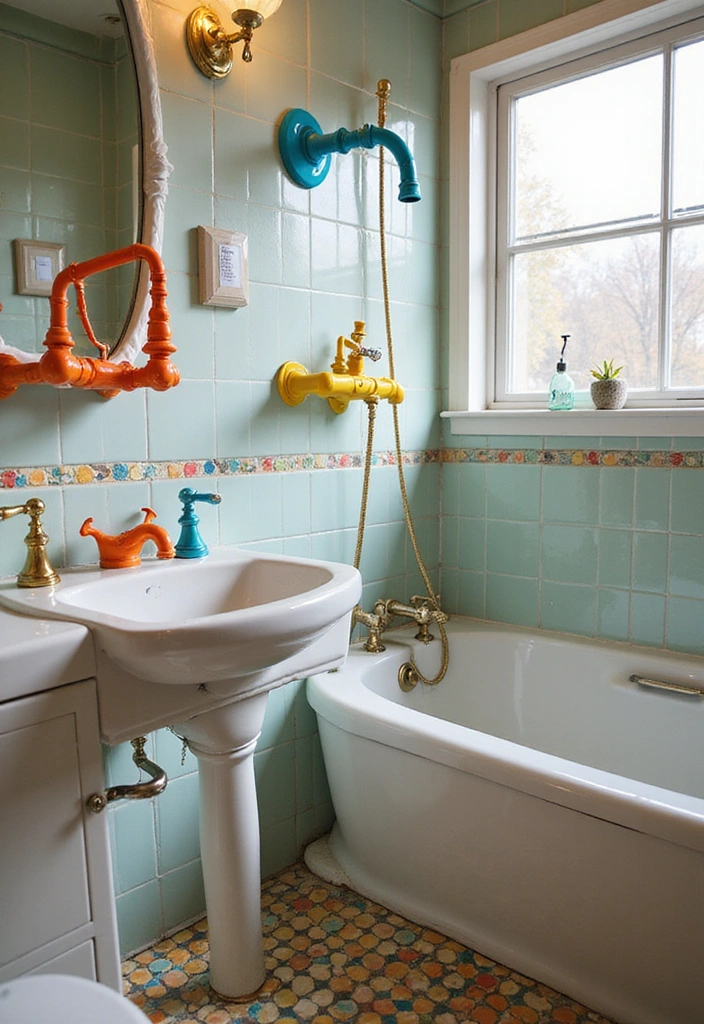 25 Retro Bathroom Design Ideas Featuring Groovy Tiles and Funky Fixtures for a Bold 70s Revival - 21. Whimsical Plumbing Fixtures