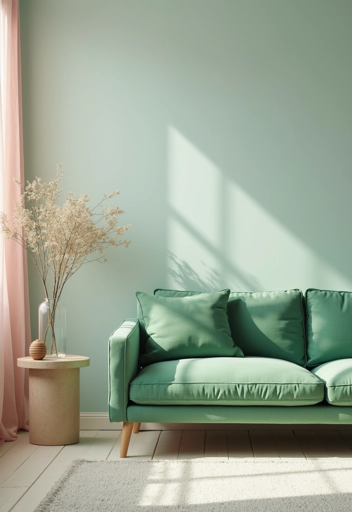 28 Easy & Stunning Green Couch Living Room Ideas for Busy Women Who Love Style - 11. Soft Pastel Palette