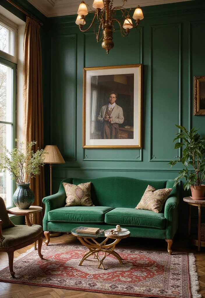 28 Easy & Stunning Green Couch Living Room Ideas for Busy Women Who Love Style - 17. Vintage Glam