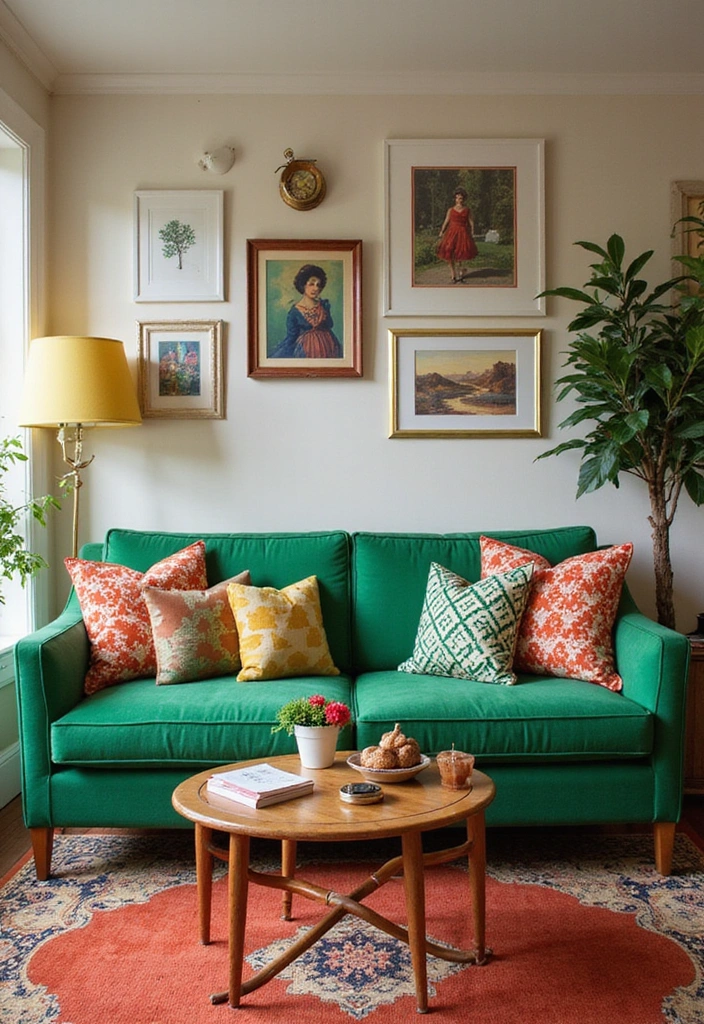 28 Easy & Stunning Green Couch Living Room Ideas for Busy Women Who Love Style - 21. Retro Revival