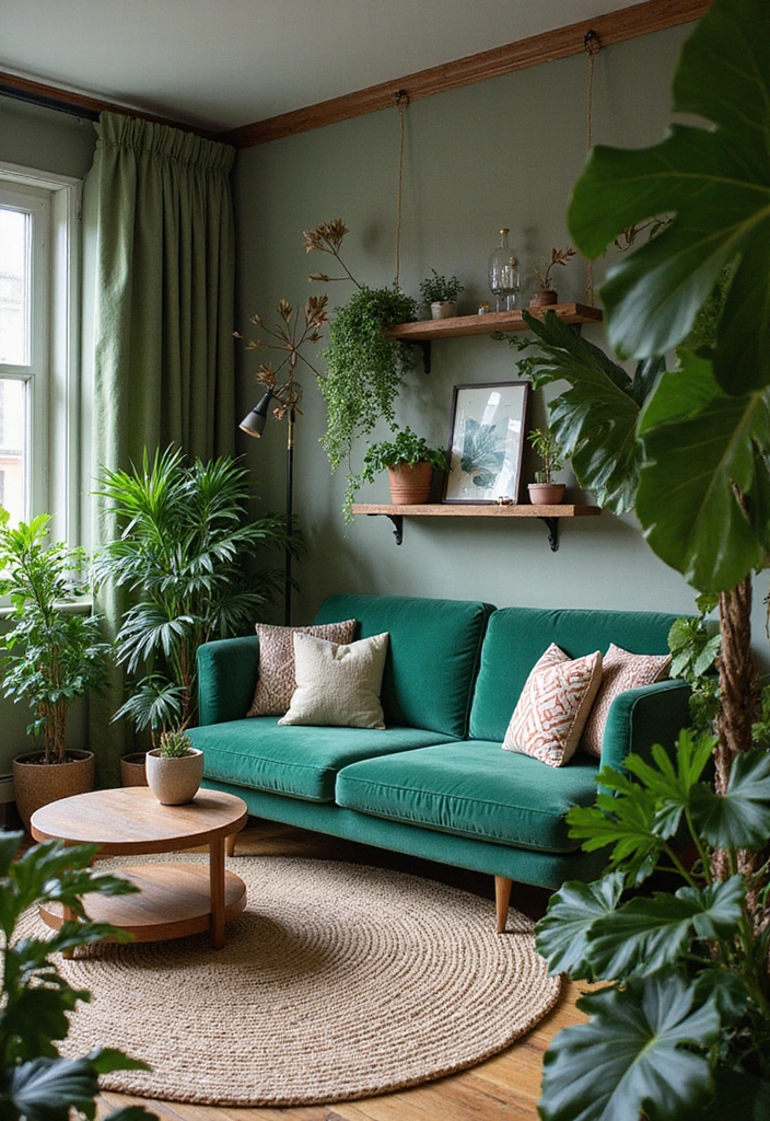 28 Easy & Stunning Green Couch Living Room Ideas for Busy Women Who Love Style - 22. Urban Jungle