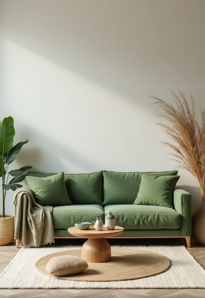28 Easy & Stunning Green Couch Living Room Ideas for Busy Women Who Love Style - 25. Zen Sanctuary