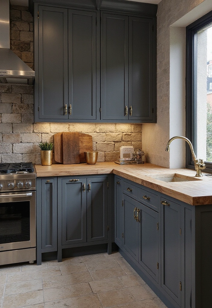 31 Beautiful Kitchens with Dark Gray Cabinets and Butcher Block Countertops - 11. Textured Contrast