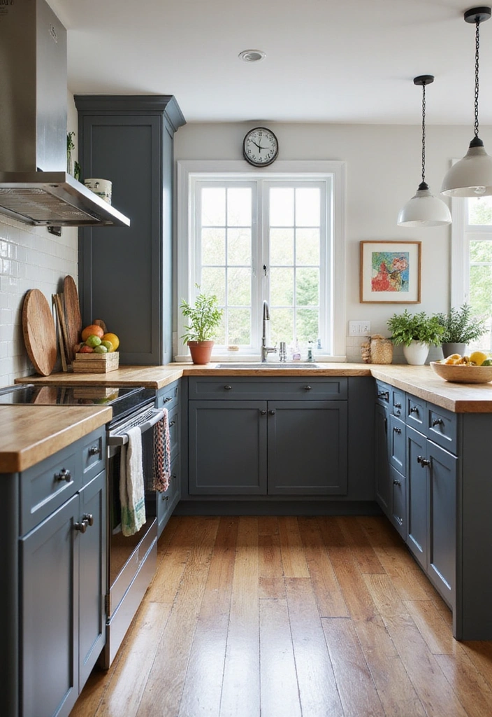 31 Beautiful Kitchens with Dark Gray Cabinets and Butcher Block Countertops - 8. Bright and Airy