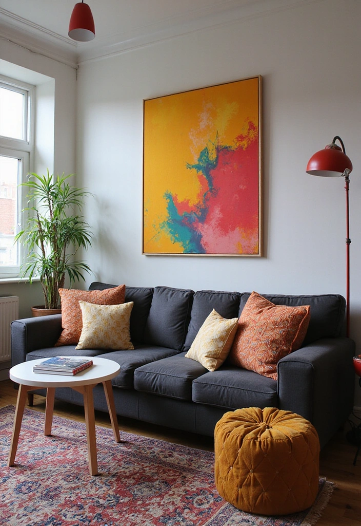 26 Elegant Charcoal Sofa Ideas That Make a Statement in Your Living Room! - 13. Bold Color Mixing