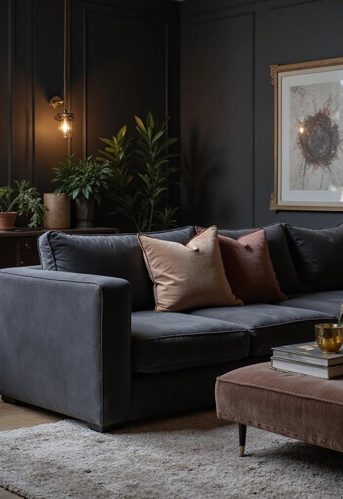 26 Elegant Charcoal Sofa Ideas That Make a Statement in Your Living Room! - 18. Sumptuous Layering