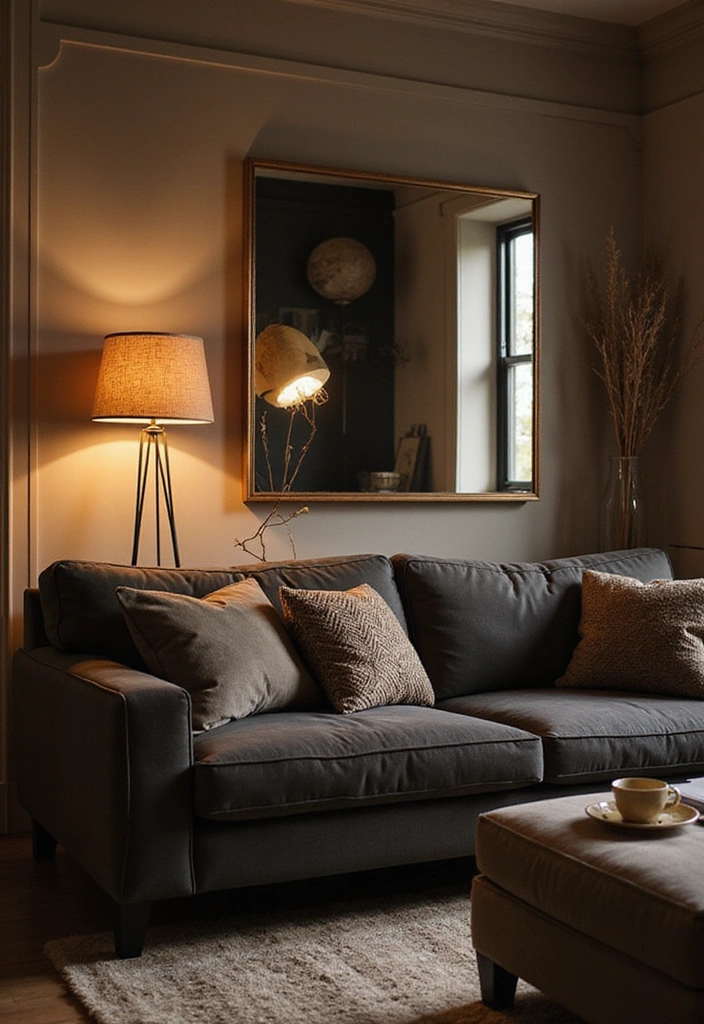 26 Elegant Charcoal Sofa Ideas That Make a Statement in Your Living Room! - 20. Artistic Lighting